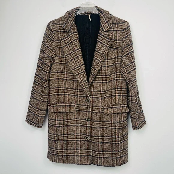 Free People Plaid Wool Blend Tweed Oversized Boxy Coat Overcoat Long Jacket Boho
